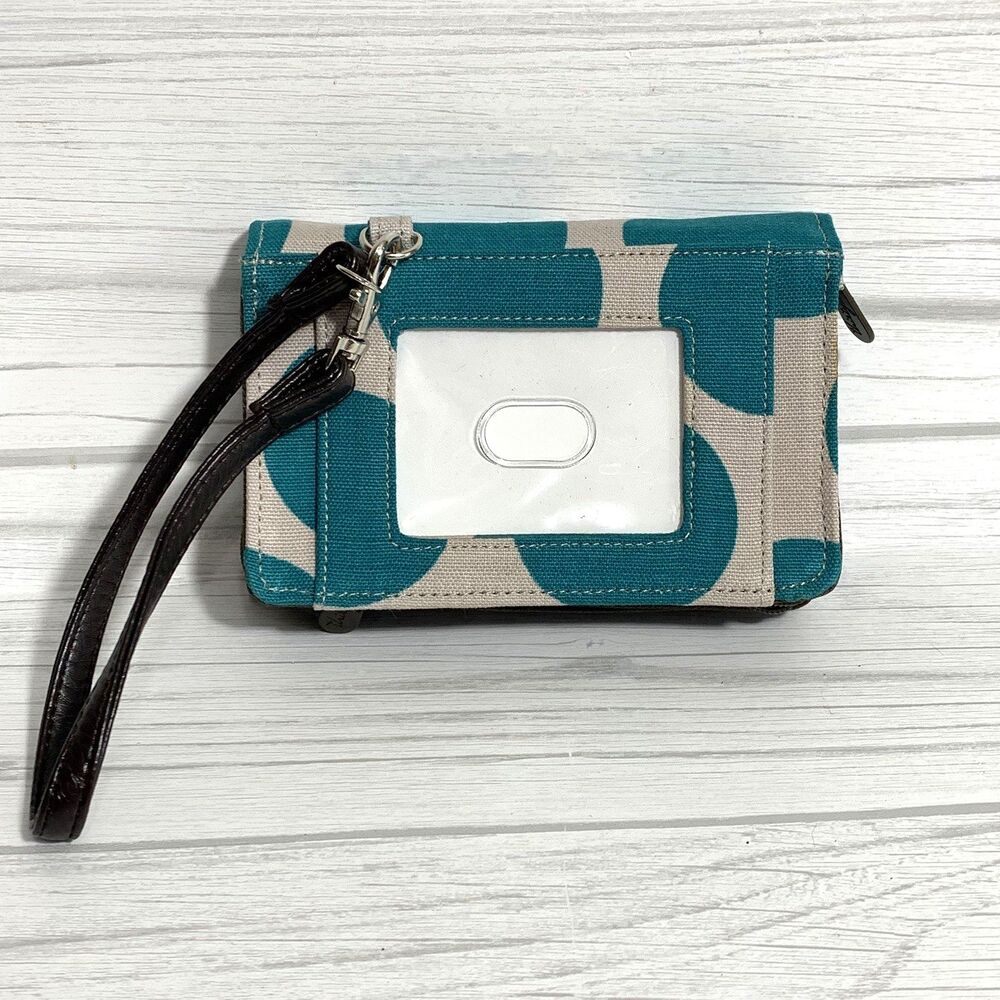 THIRTY-ONE WRISTLET Wallet Teal & Tan Polka Dot for I.D. Cash & Card Preowned